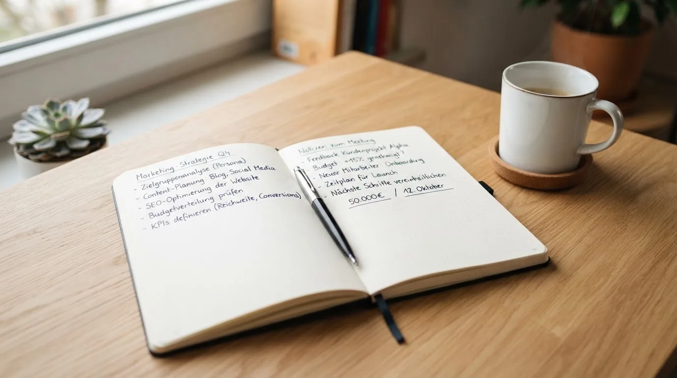 Ein aufgeschlagenes Notizbuch mit handschriftlichen Notizen und ein Kugelschreiber liegen auf einem hellen Schreibtisch neben einer Kaffeetasse.