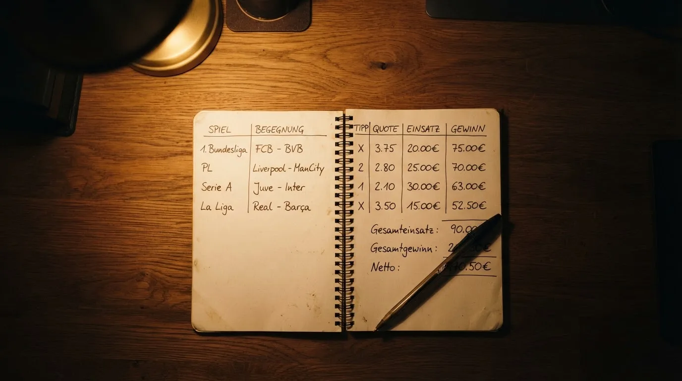 Ein Taschenrechner und ein Blatt Papier mit handschriftlichen Notizen liegen auf einem Schreibtisch unter dem warmen Licht einer Lampe.