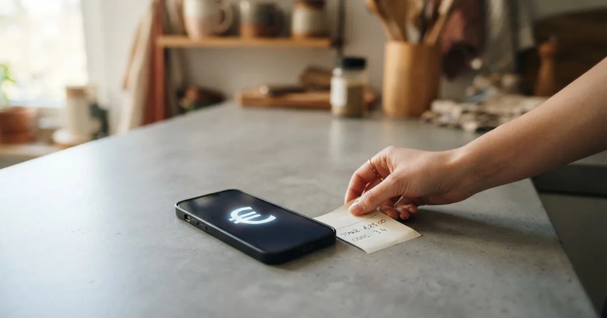 Eine Hand legt ein paar Münzen neben ein umgedrehtes Smartphone auf eine graue Tischplatte, dahinter verschwommen ein Küchenregal.