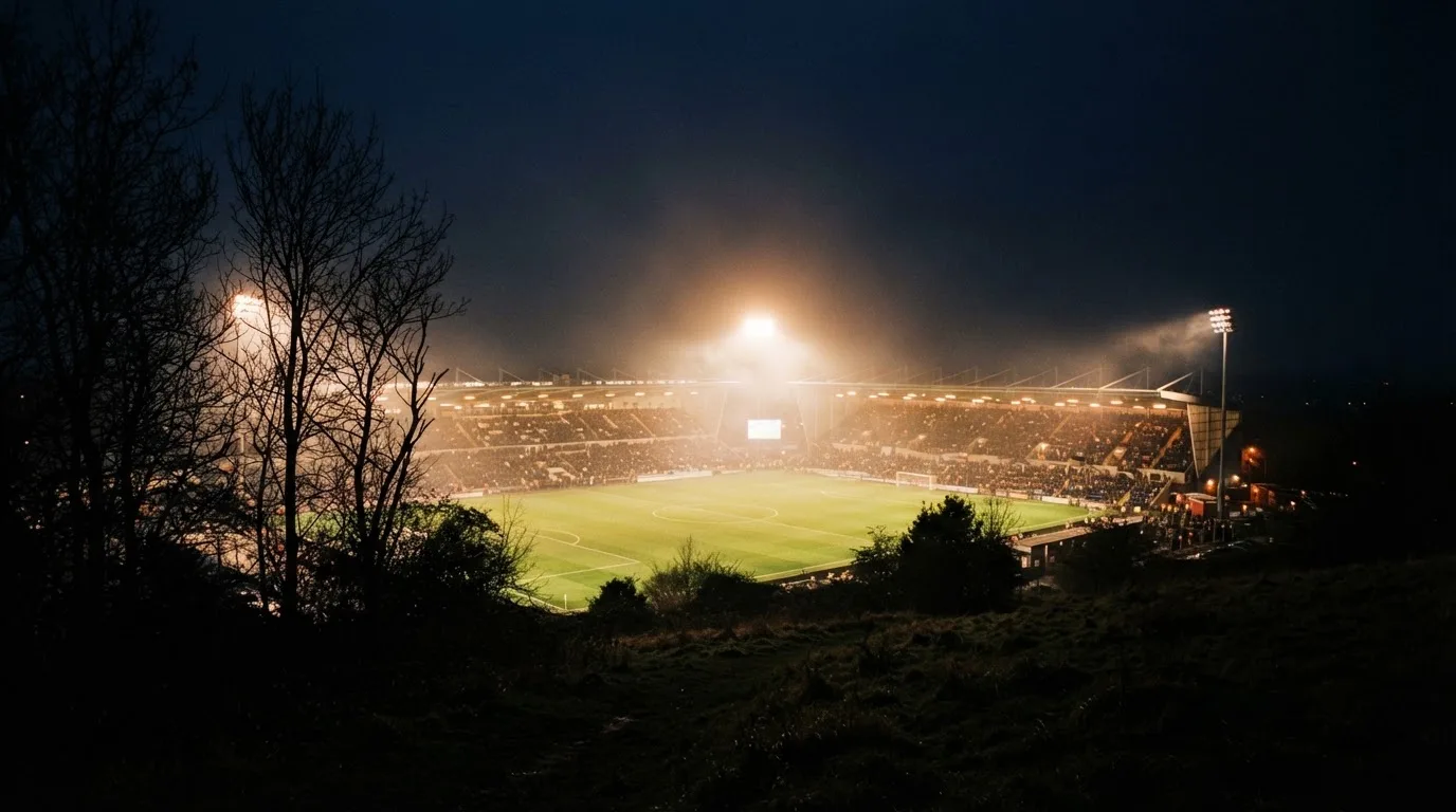 Ein Stadion unter Flutlicht bei Nacht, von einem Hügel aus der Ferne betrachtet, mit Dunst über dem Spielfeld.
