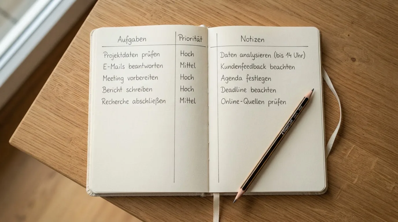 Ein Notizbuch mit drei handgezeichneten Spalten und ein Bleistift liegen auf einem Holztisch, seitlich fällt Tageslicht herein.