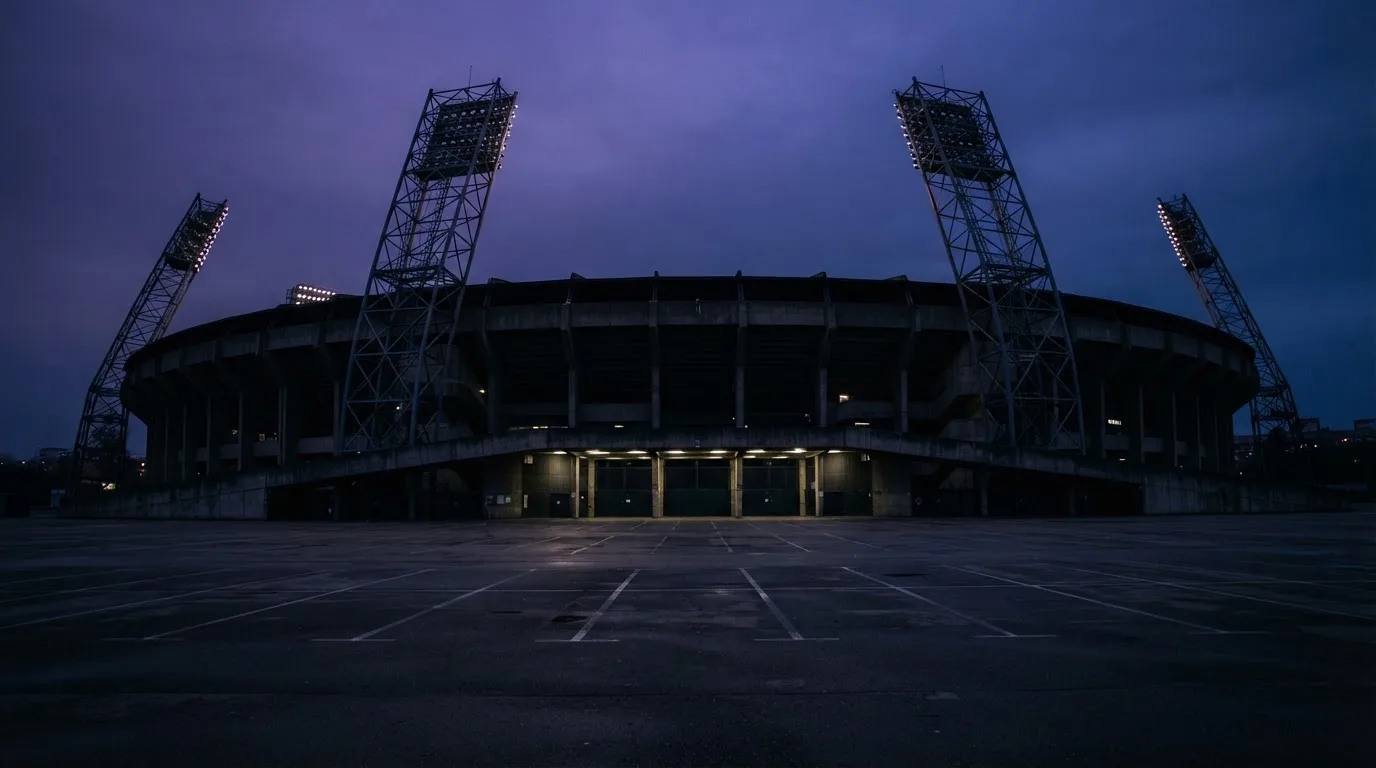 Ein Fußballstadion von außen in der Dämmerung, hohe Flutlichtmasten vor einem violetten Himmel, davor ein leerer Parkplatz.