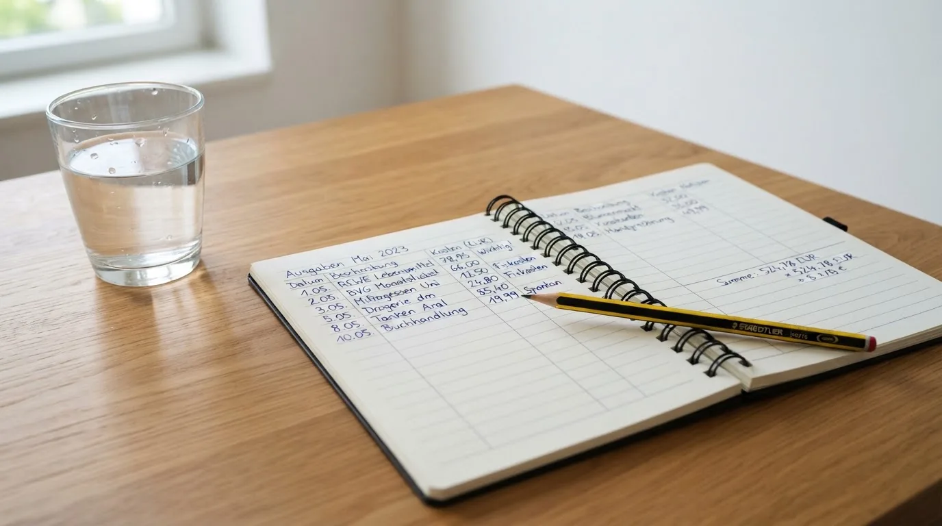 Ein aufgeschlagenes Heft mit handschriftlichen Notizen und ein Bleistift liegen auf einem Schreibtisch, daneben ein Glas Wasser.