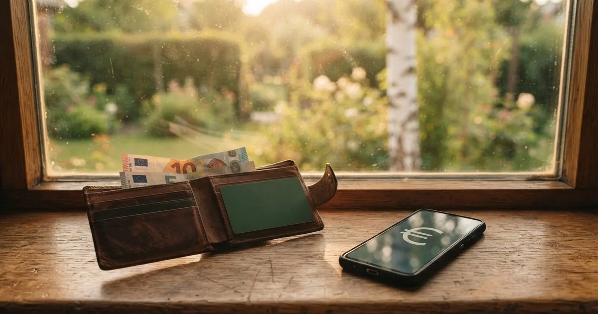 Eine Geldbörse aus Leder liegt geöffnet neben einem Smartphone auf einer Fensterbank, im Hintergrund ein Garten im Gegenlicht.