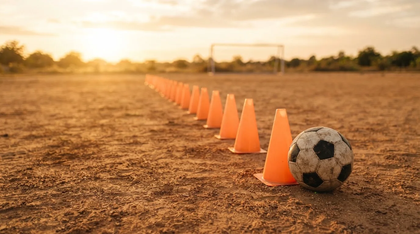 Ein Fußball auf rotem Sandboden neben einer Reihe Hütchen auf einem Trainingsplatz bei untergehender Sonne.