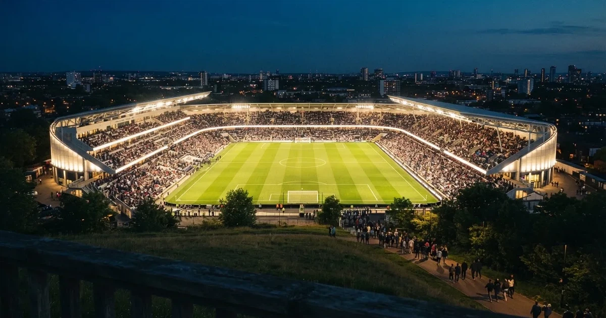 Ein Fußballstadion unter Flutlicht mit hellen Rängen, von einem Hügel aus gesehen, darüber ein dunkelblauer Abendhimmel.