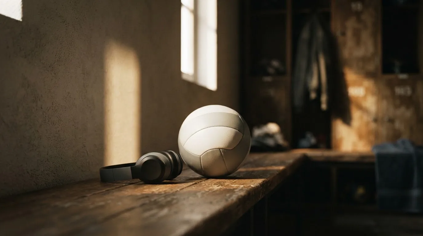 Ein Fußball liegt neben Kopfhörern auf einer Holzbank in einer Umkleide, Licht fällt durch ein schmales Fenster.