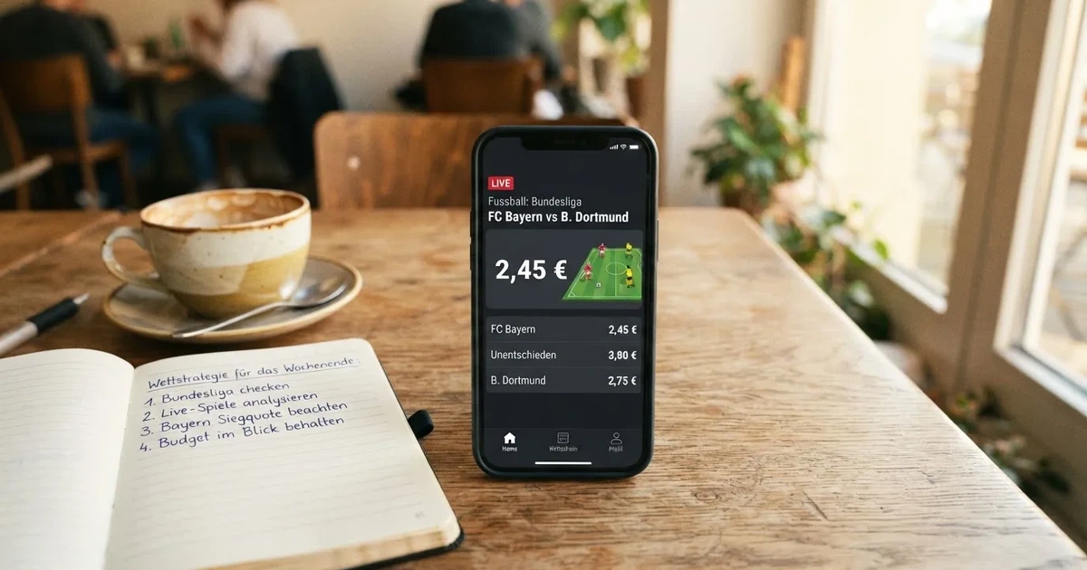 Ein Smartphone mit dunklem Bildschirm liegt auf einem Tisch in einem Café, daneben eine Tasse und ein Notizbuch.