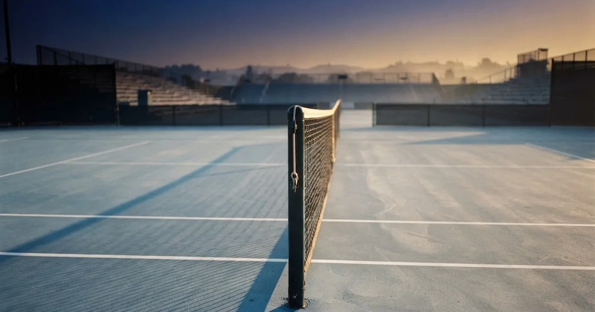 Ein leerer Tennisplatz mit Hartplatzbelag in der Morgendämmerung, das Netz im Gegenlicht und lange Schatten der Linien.
