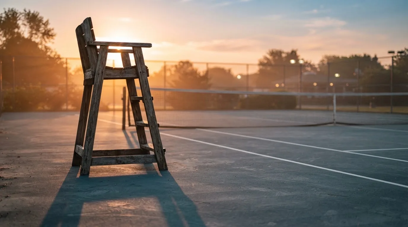 Ein leerer Schiedsrichterstuhl am Spielfeldrand eines Tennisplatzes im Abendlicht, lange Schatten auf dem Belag.