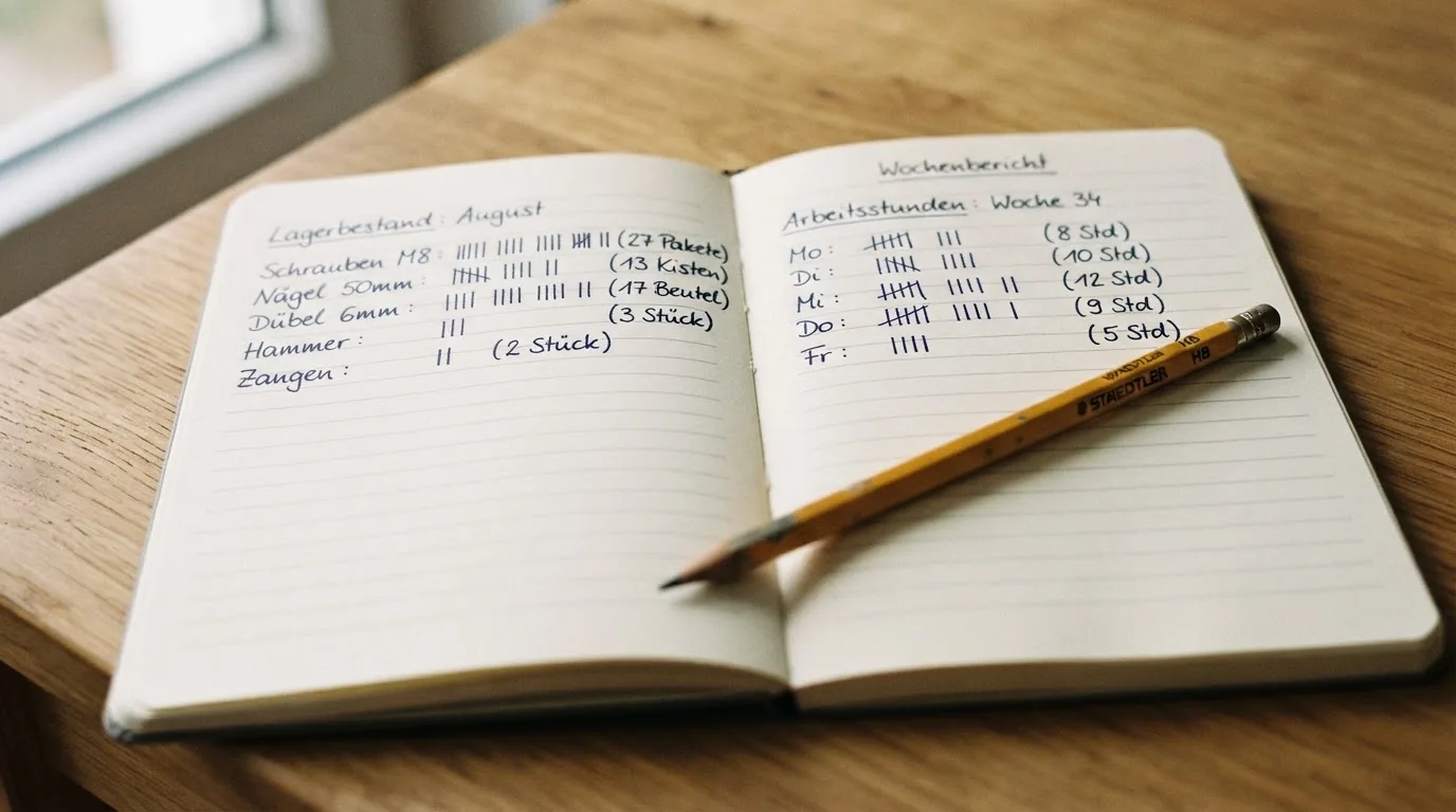 Ein handschriftlich geführtes Heft mit Strichlisten liegt neben einem Bleistift auf einem Tisch, seitlich fällt Tageslicht herein.