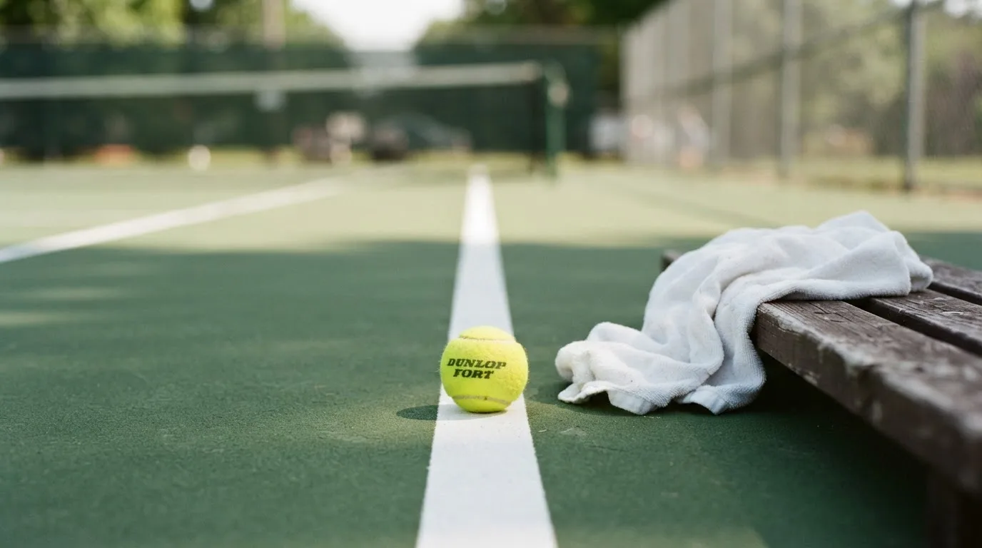 Ein gelber Tennisball liegt auf einer weißen Linie, daneben ein Handtuch auf einer Bank am Spielfeldrand.