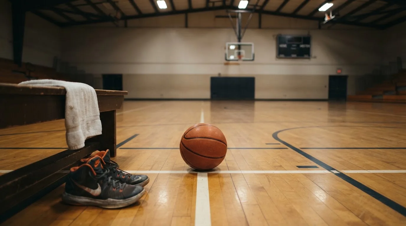 Ein Basketball liegt auf der Freiwurflinie einer Halle, im Vordergrund ein Handtuch auf einer Bank.