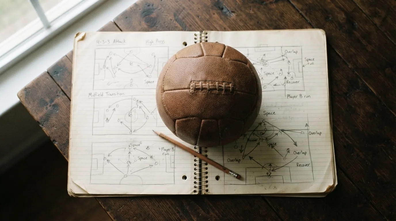 Ein Fußball liegt auf einem Notizbuch mit handgezeichneten Skizzen von Spielzügen, aufgenommen von oben auf einem Holztisch.