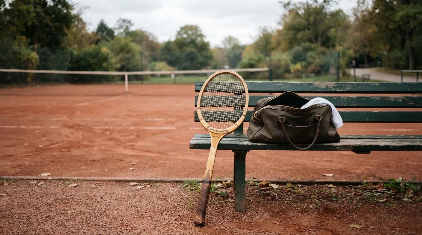 Ein Tennisschläger lehnt an einer Bank neben einer Sporttasche, im Hintergrund ein leerer Platz.