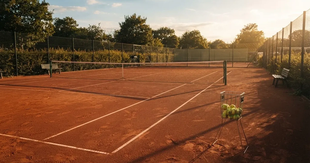 Ein Sandplatz mit frisch gezogenen Linien in der Nachmittagssonne, Netz und Ballkorb am Rand, keine Menschen.