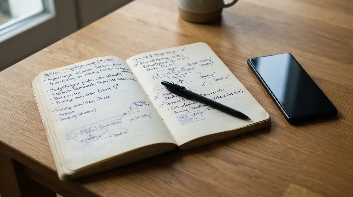 Ein Notizbuch mit handschriftlichen Notizen und ein Kugelschreiber liegen neben einem Smartphone mit dunklem Display auf einem Holztisch.