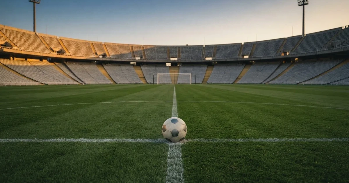 Ein Fußball liegt auf dem Anstoßpunkt eines leeren Rasenplatzes, im Hintergrund eine große Stadiontribüne im Abendlicht.