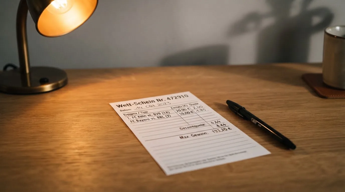 Ein leerer Wettschein aus Papier liegt neben einem Stift auf einem Schreibtisch im Licht einer kleinen Tischlampe.