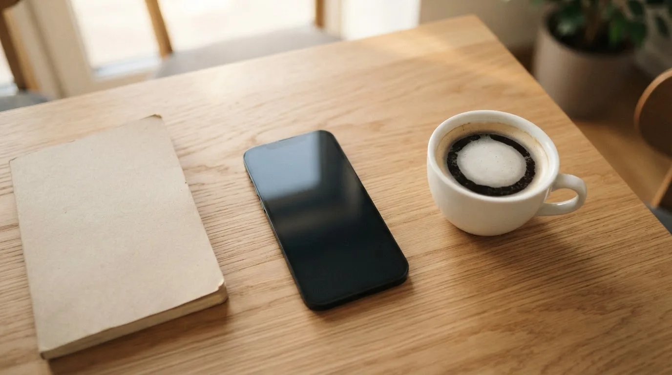 Ein Smartphone mit dunklem Display liegt neben einer Kaffeetasse und einem Notizblock auf einem hellen Tisch.