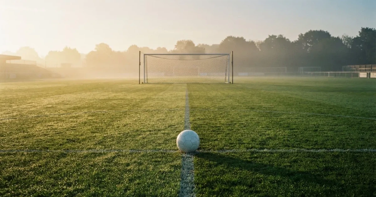 Ein Fußballtor mit gespanntem Netz steht auf einem leeren Rasenplatz, davor ein einzelner Ball, Morgendunst liegt über dem Feld.