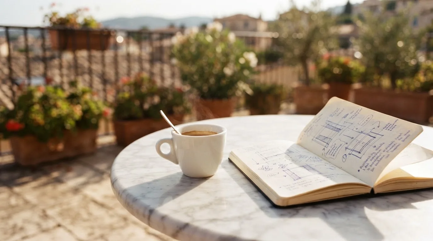 Eine Espressotasse steht auf einem kleinen Marmortisch einer Terrasse, daneben ein Notizheft mit handschriftlichen Skizzen.