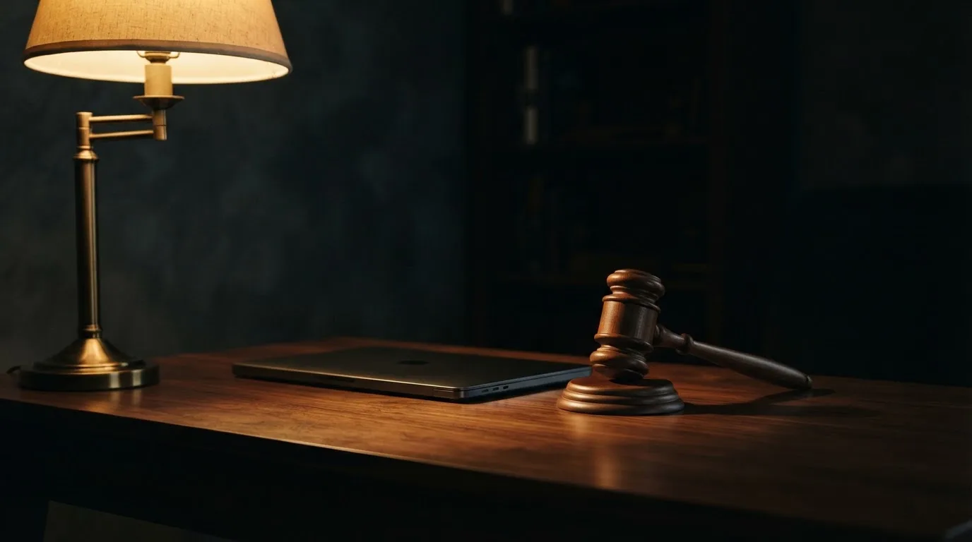 Ein Schreibtisch mit Stehlampe, einem geschlossenen Laptop und einem hölzernen Richterhammer im Halbdunkel.
