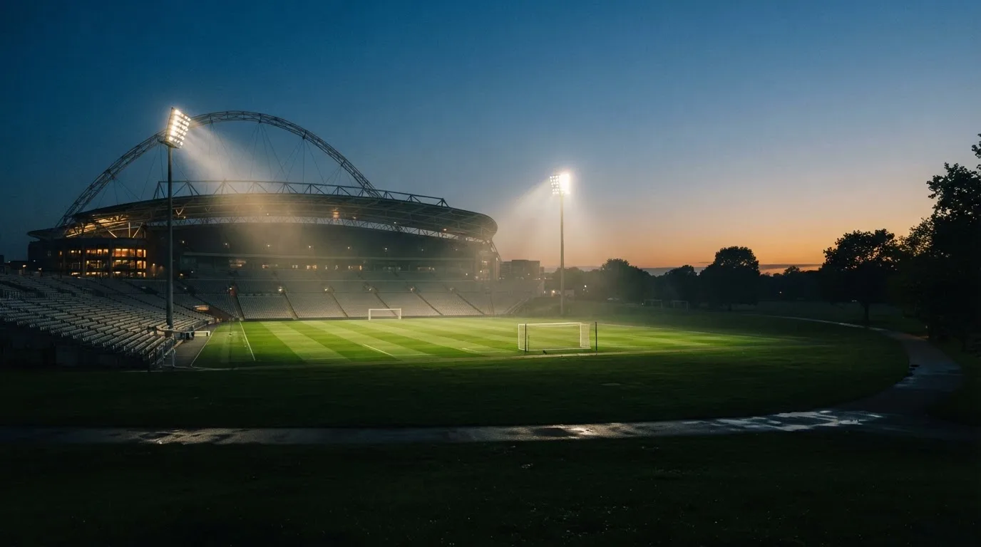 Eine leere Stadiontribüne unter Flutlicht aus der Ferne betrachtet, die Rasenfläche leuchtet grün in der Dämmerung.