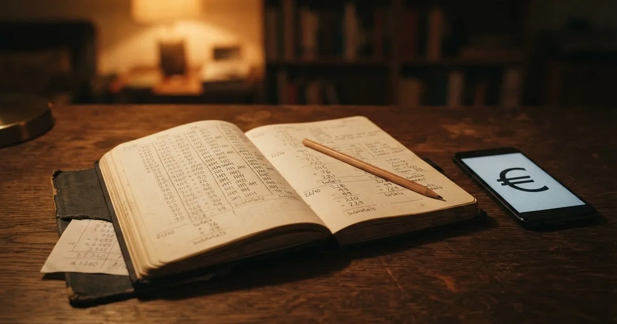 Ein aufgeschlagenes Notizbuch mit handschriftlichen Zahlenreihen und ein Bleistift liegen neben einem Taschenrechner auf einem Schreibtisch.
