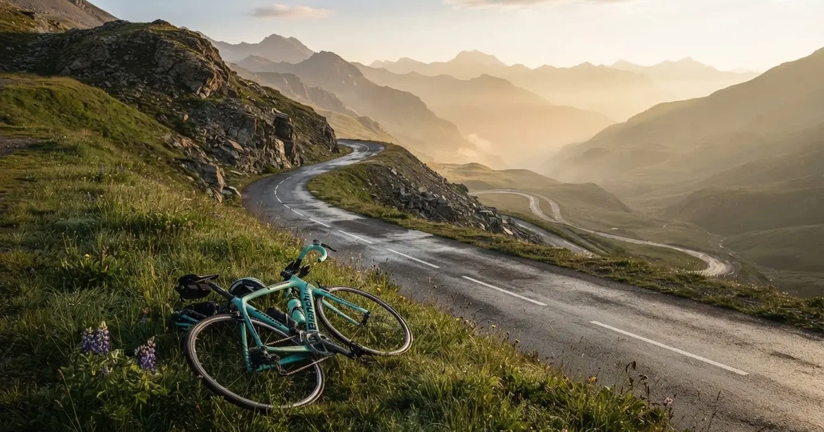 Eine leere Landstraße schlängelt sich im Morgenlicht durch einen Gebirgspass, am Straßenrand liegt ein einzelnes Rennrad im Gras.