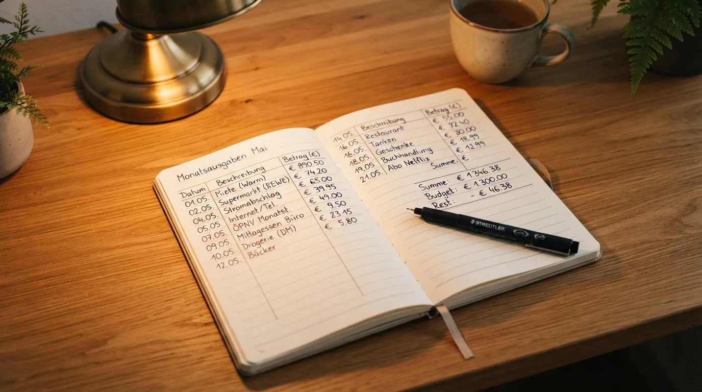 Ein Notizbuch mit handschriftlichen Rechnungen und ein Taschenrechner liegen auf einem aufgeräumten Schreibtisch in warmem Licht.