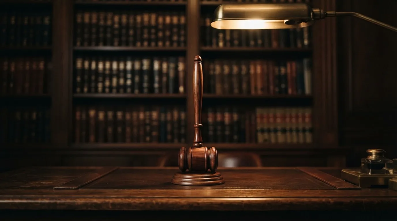 Ein Richterhammer aus Holz steht auf einer dunklen Schreibtischplatte, im Hintergrund ein unscharfes Bücherregal.