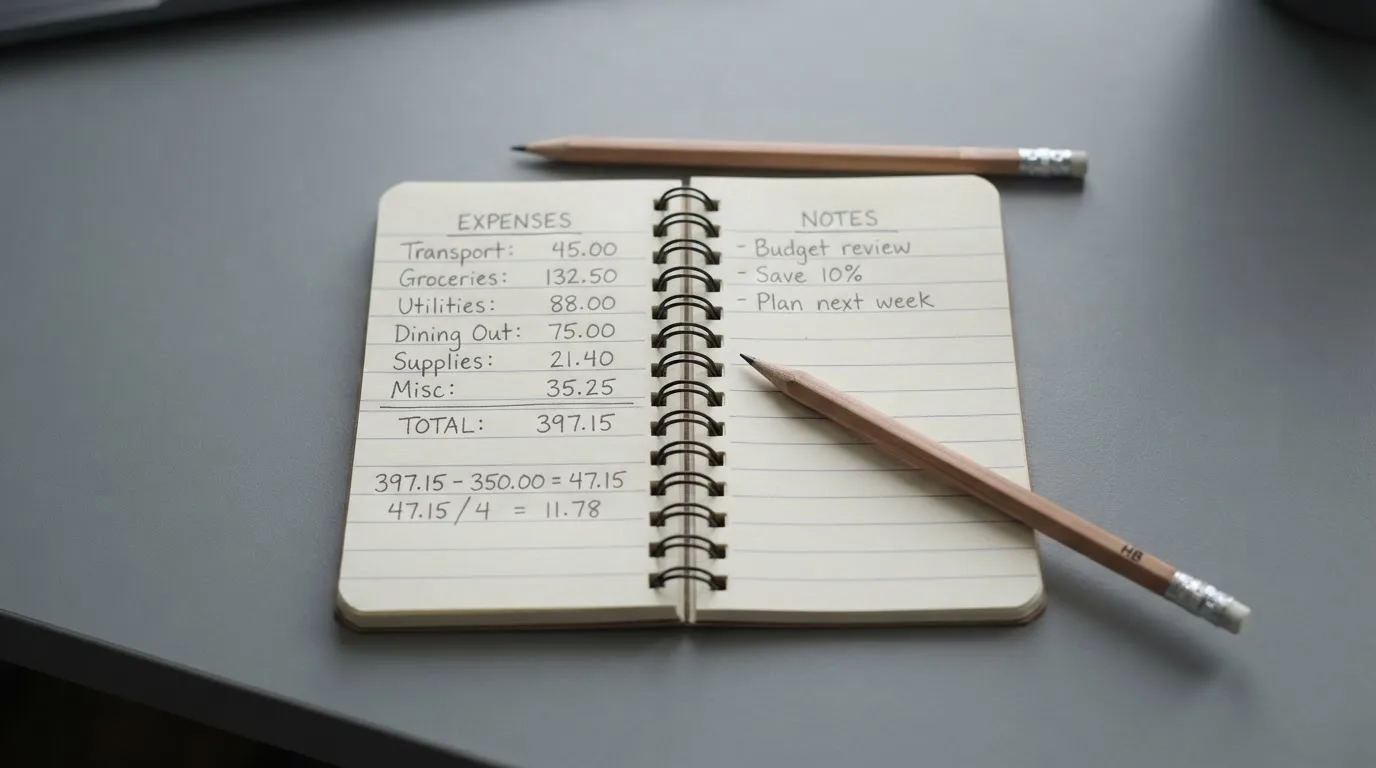 Ein Taschenrechner, ein Bleistift und ein Block mit handschriftlichen Zahlenreihen liegen auf einer grauen Arbeitsfläche.