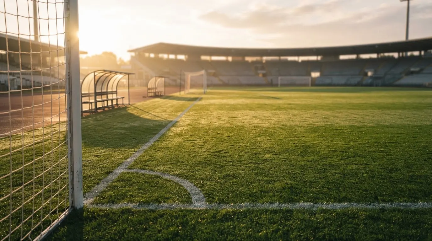 Ein Fußballplatz mit frisch gezogenen Kreidelinien im ersten Morgenlicht, leere Ersatzbänke am Spielfeldrand.