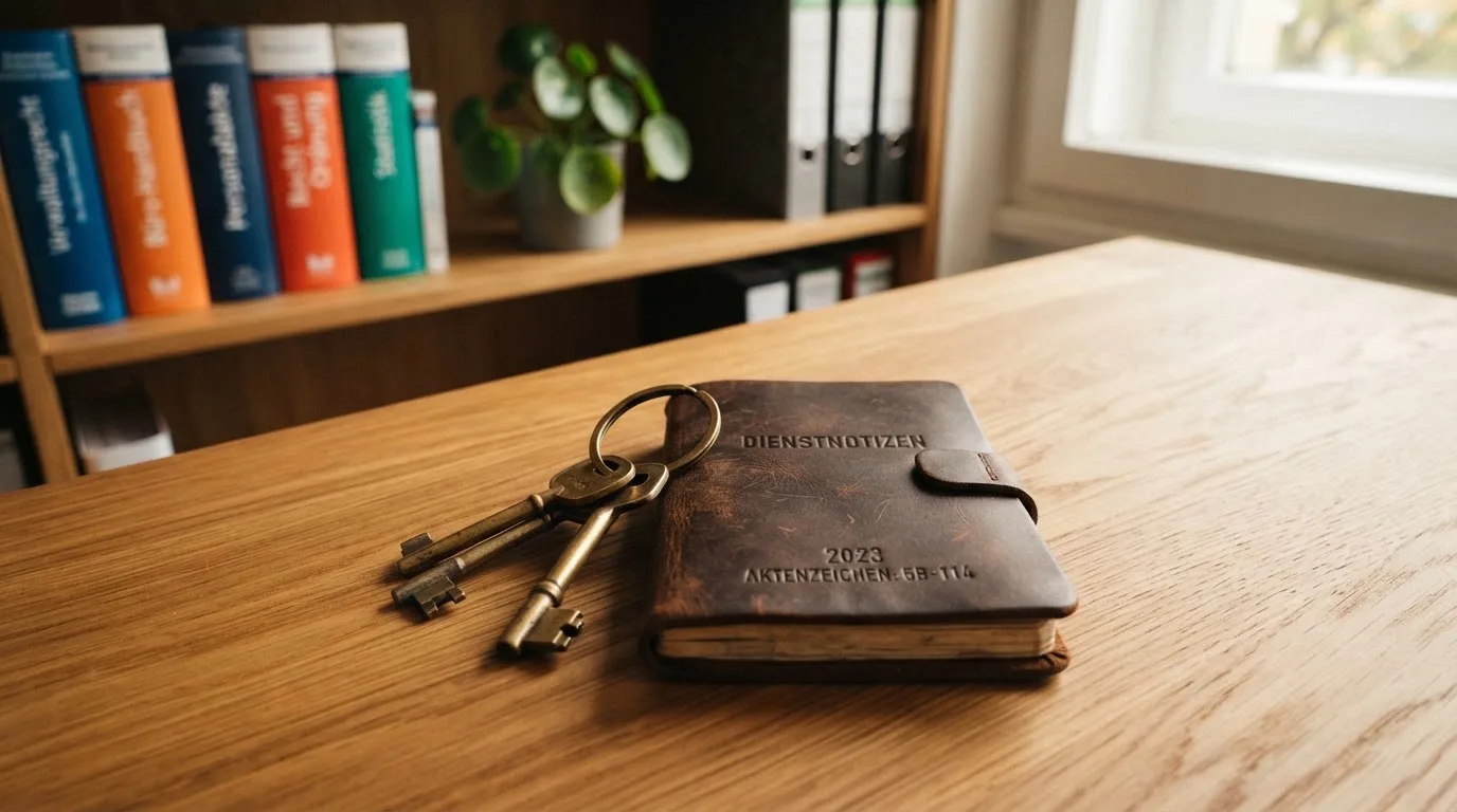 Ein Schlüsselbund liegt auf einer Holzplatte neben einem Taschenkalender, im Hintergrund eine verschwommene Büroeinrichtung.