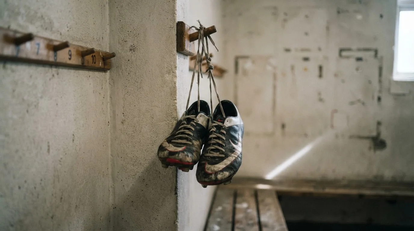 Ein Paar Fußballschuhe hängt an den Schnürsenkeln an einem Holzhaken in einer leeren Umkleidekabine.