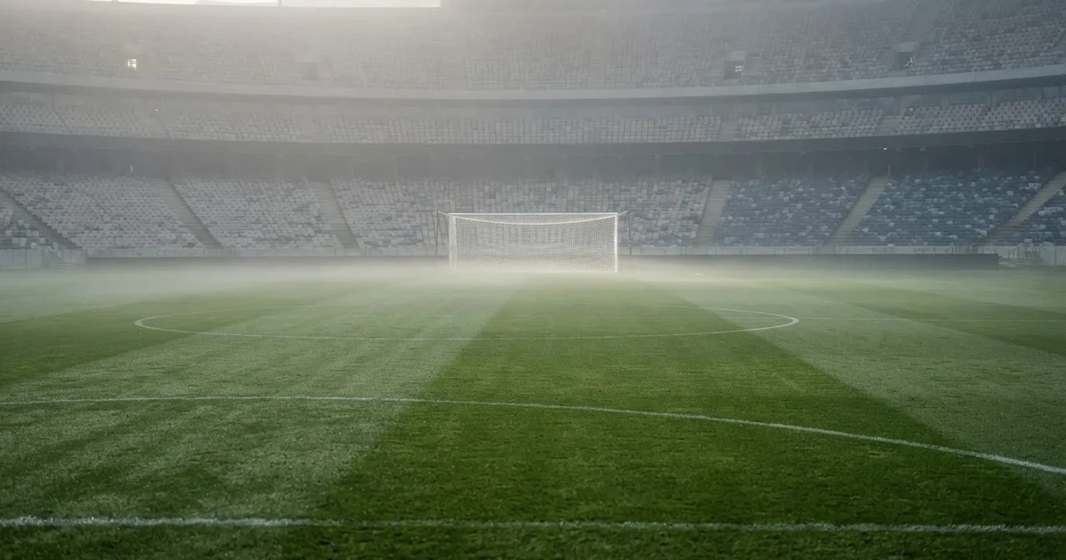 Ein Fußballplatz mit gepflegtem Rasen und einem Tor, über dem Spielfeld liegt Morgennebel, im Hintergrund eine leere Tribüne.