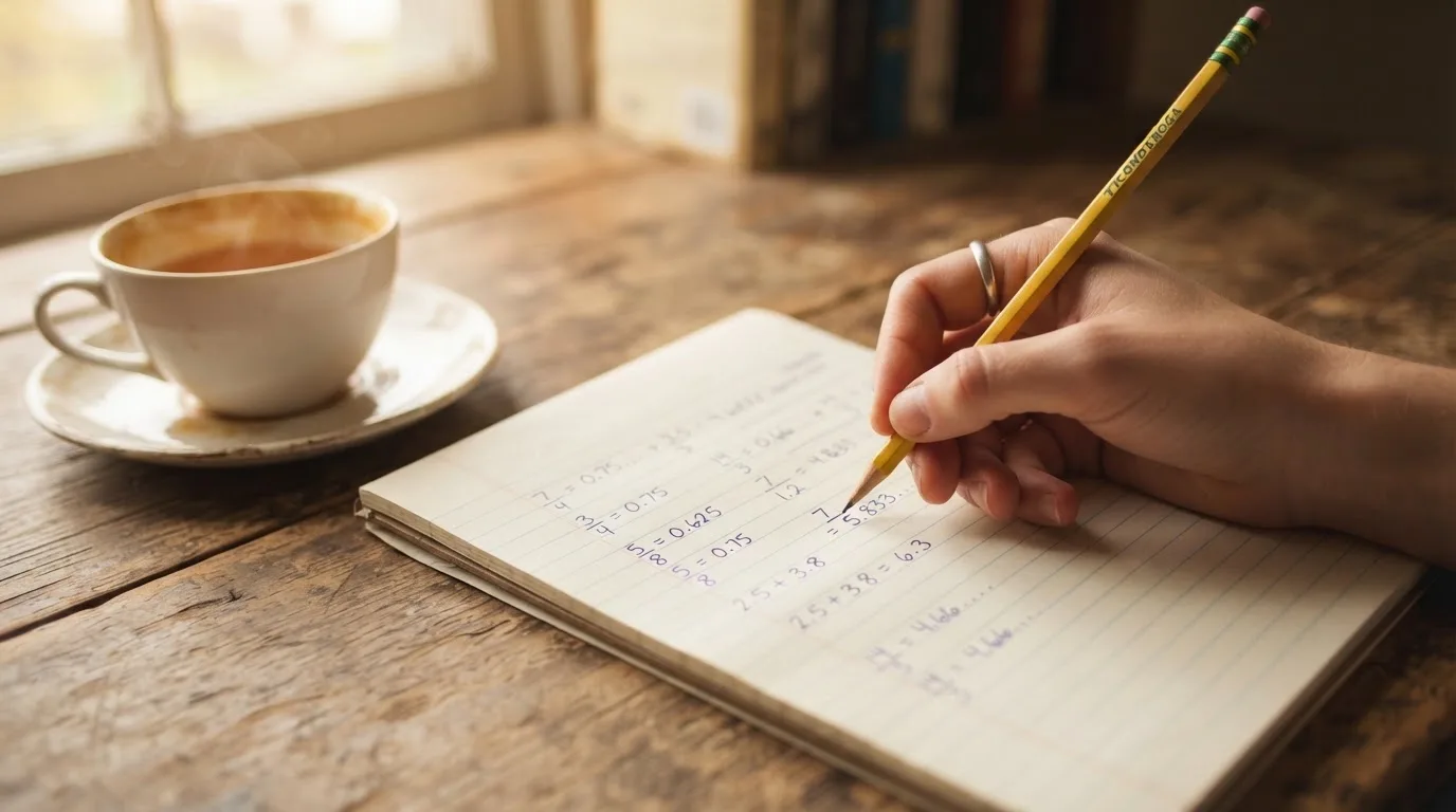 Ein Schreibtisch mit Taschenrechner, Bleistift und einem Block voller handschriftlicher Rechnungen, daneben eine Tasse Tee.