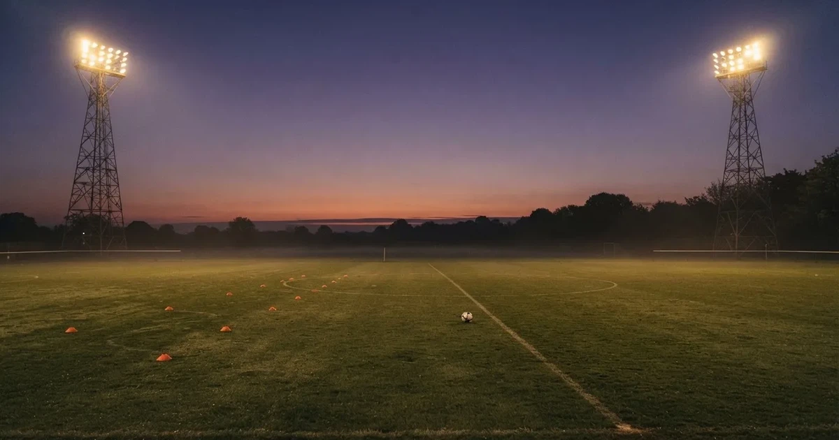 Eine Flutlichtanlage ragt über einen Trainingsplatz, auf dem Rasen liegen verstreut Hütchen und ein Ball, am Himmel die Abenddämmerung.