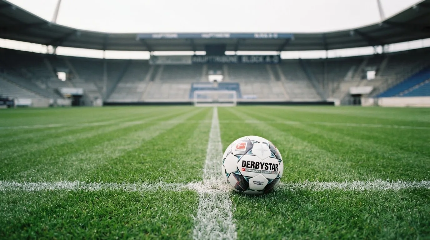 Ein Fußball liegt auf dem Rasen im Mittelkreis, die Kreidelinien führen scharf ins Bild, dahinter verschwimmt eine Tribüne.