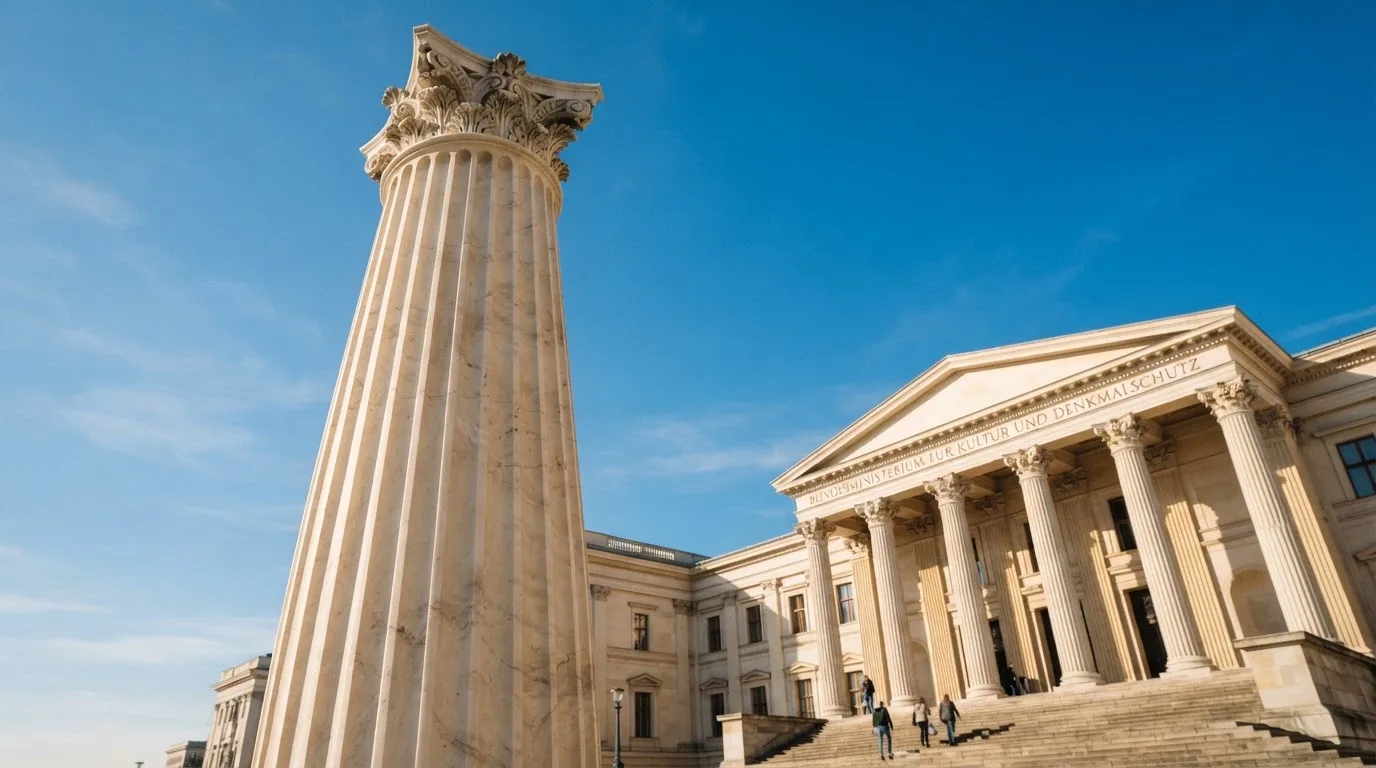 Eine Marmorsäule vor einem klassischen Gebäude, im Hintergrund blauer Himmel.