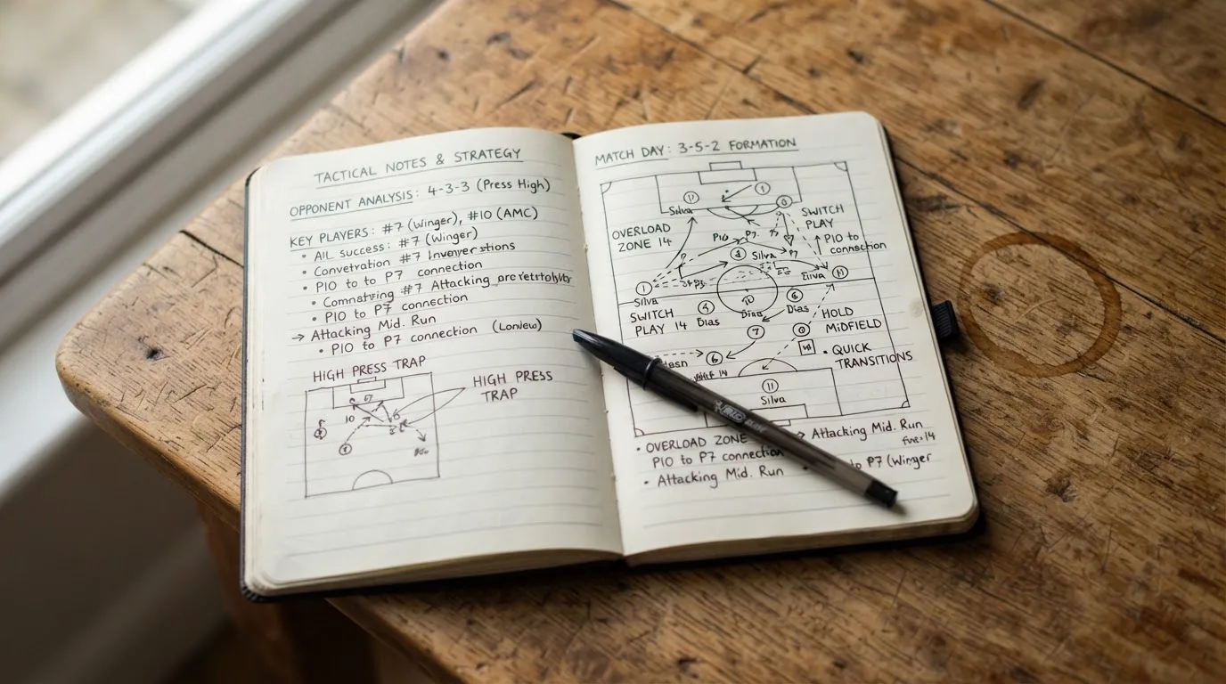 Ein aufgeschlagenes Notizbuch mit handschriftlichen Skizzen von Spielzügen liegt neben einem Kugelschreiber auf einem Holztisch.
