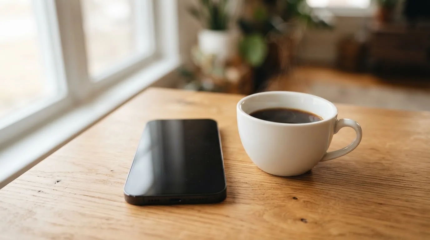 Ein Smartphone mit dunklem Display liegt neben einer Kaffeetasse auf einem Holztisch im Licht eines Fensters.