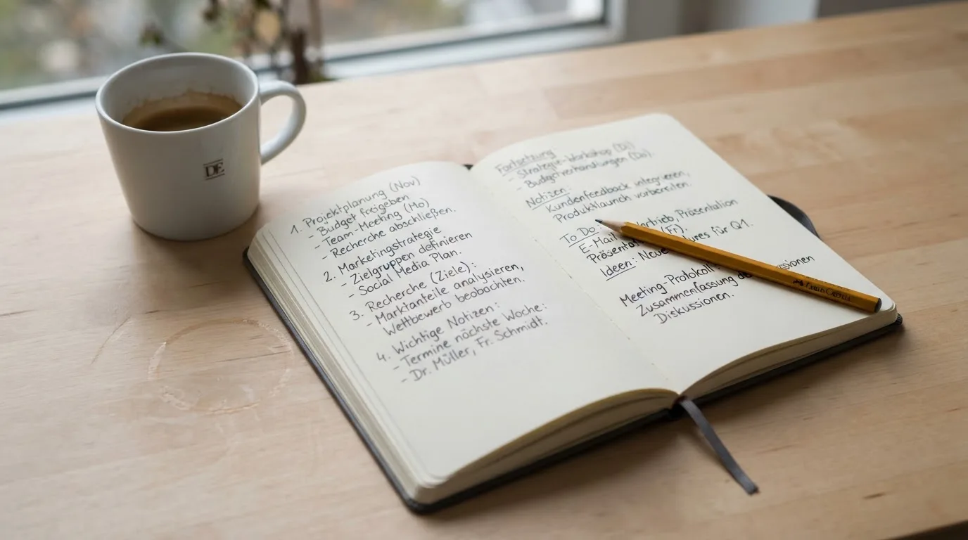 Ein aufgeschlagenes Notizbuch mit handgeschriebenen Stichpunkten und ein Bleistift liegen neben einer Kaffeetasse auf einem hellen Holztisch.