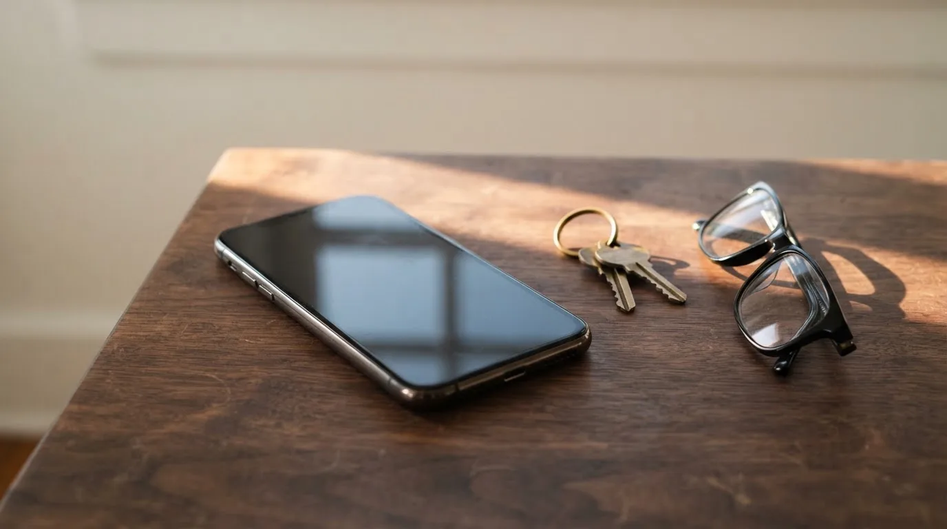 Ein Smartphone liegt mit dunklem Display auf einem Holztisch neben einem Schlüsselbund und einer Brille im Licht eines Fensters.