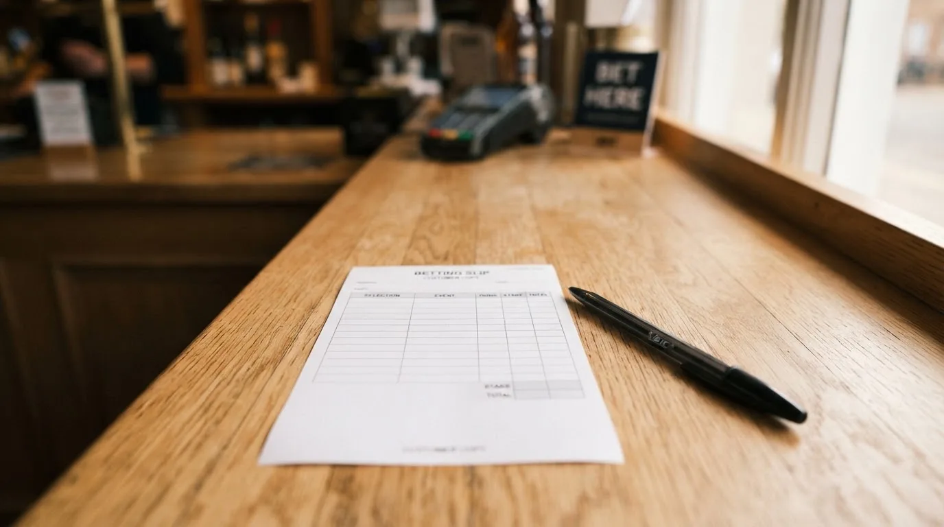 Ein leerer Papier-Wettschein und ein Kugelschreiber liegen auf einer Theke aus hellem Holz im Tageslicht.