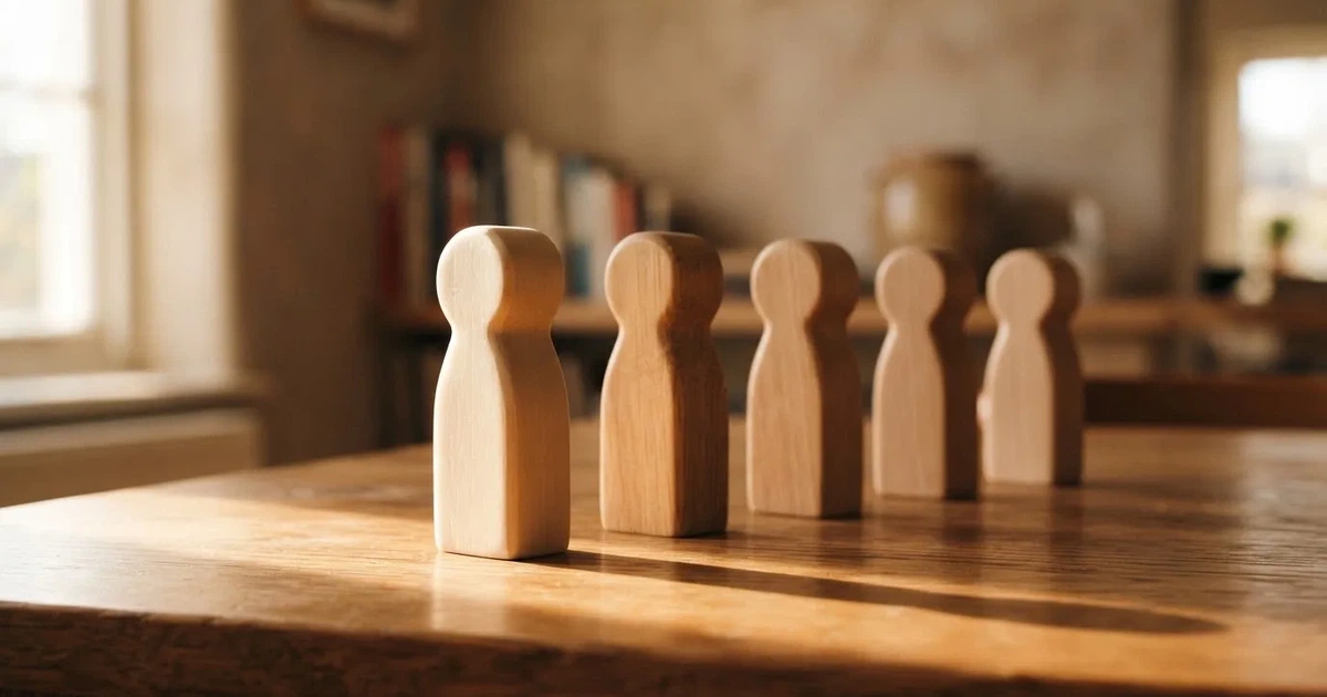 Fünf Holzfiguren stehen in einer Reihe auf einem Tisch, die erste Figur ist leicht nach vorn gerückt.