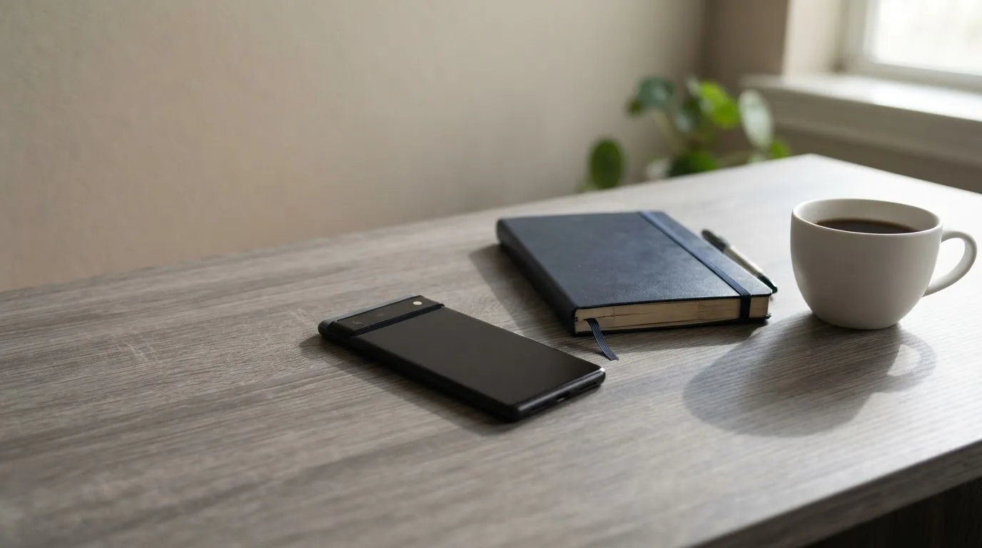 Ein Smartphone liegt mit dunklem Display auf einem Schreibtisch neben einem Notizbuch und einer Kaffeetasse.