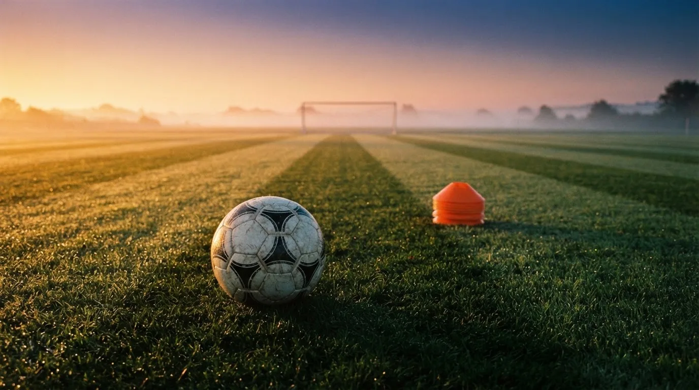 Ein Fußball liegt auf einem Rasenplatz bei Sonnenaufgang, daneben ein kleiner Stapel Trainingshütchen.