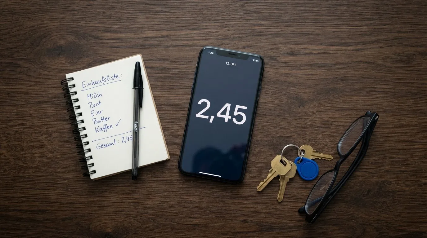 Ein Smartphone liegt mit dunklem Display auf einem Schreibtisch neben einem Schlüsselbund und einer Brille.